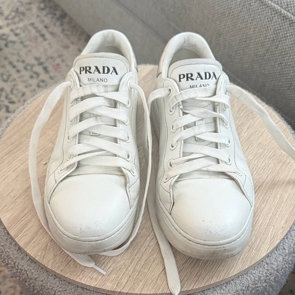 Genuine Prada White Leather Low-Top Sneakers